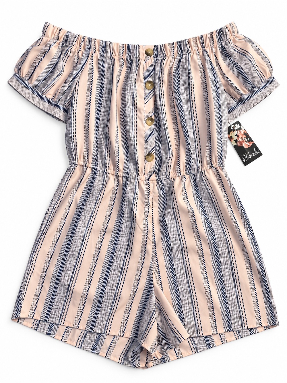 Pink Lily Pink and Navy Striped Off-Shoulder Romper - Kids